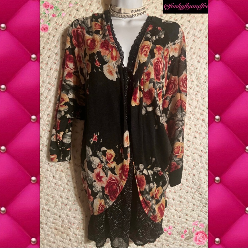 Mauve from Anthropologie black pink roses floral cardigan like new size L.